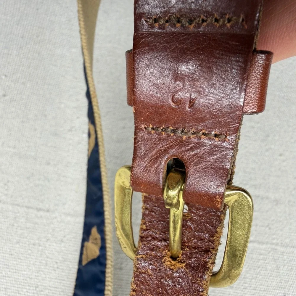Vintage Surcingle Belt Navy Tan Canvas Leather Lab Dog Head Embroidery Size 42